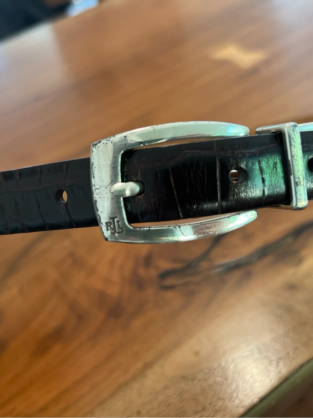 Lauren Ralph Lauren Black Croc-Embossed Leather Belt with Silver Buckle